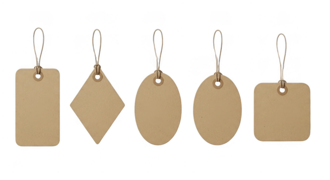 Five assorted brown cardboard tags with strings, isolated on transparent background
