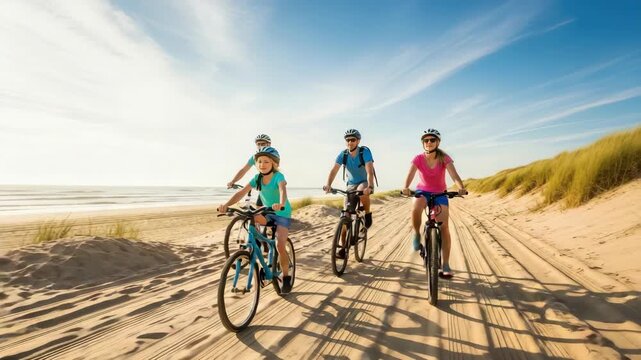 family of four including two adults and two children happily rides bicycles along sandy beach path The ocean is visible on the left with grassy dunes on the right under sunny sky