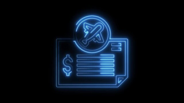 Neon airplane ticket price illustration against black background for travel booking concept