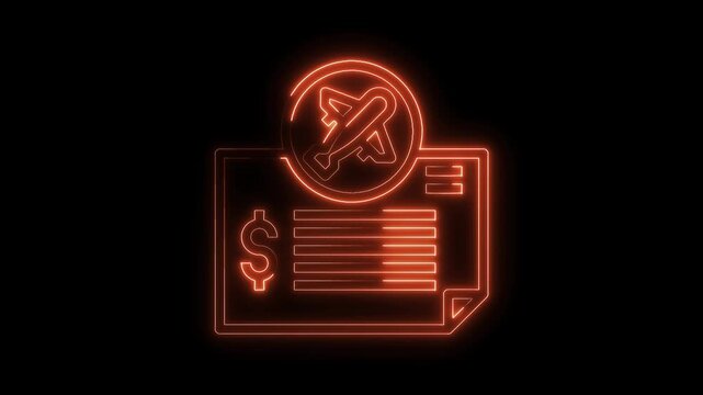 Neon style flight ticket icon animation with dollar sign on black background