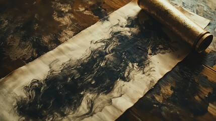 Parchment Scroll with Swirling Dark Ink and Golden Embellishment on a Rustic Wooden Table, Evoking Ancient Mysteries and Artistic Expression