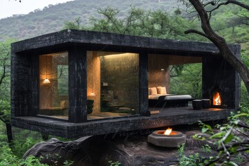 A modern, glass-walled cabin sits on a rocky outcrop, surrounded by greenery, with warm lighting and a cozy ambiance, perfect for a tranquil retreat in nature.