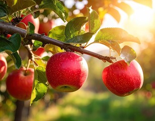 Ripe Red Apples Hanging on Tree Branch in Orchard with Sunlight Bursting Through Leaves in Golden Hour