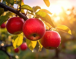 Ripe Red Apples Hanging on a Branch with Green Leaves in Golden Sunlight