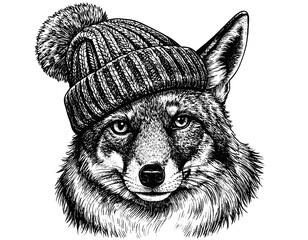 Fox in Winter Hat Portrait Illustration.