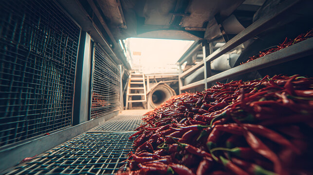 Fresh red chili peppers on stainless steel grating inside an industrial drying tunnel facility.
