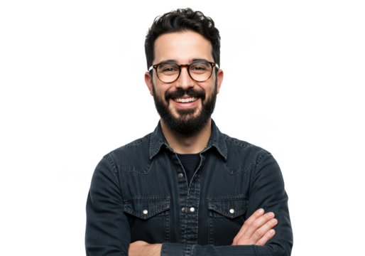 Smiling man wearing glasses and dark denim shirt with arms crossed confidently transparent background