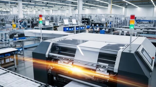 large industrial printer processes sheets of paper onto roller conveyor belt in bustling modern factory An illuminated signal tower stands atop the machine while blue bins and workstations fill the ba