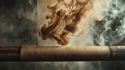 Dynamic Abstract Brown Smoke Swirling with Ethereal White Mist Above a Textured Industrial Pipe in a Moody Atmosphere