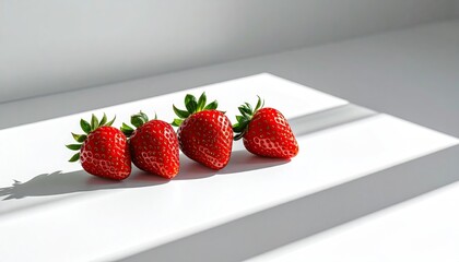 Ripe Red Strawberries Arranged on White Surface with Leafy Green Tops in Natural Sunlight