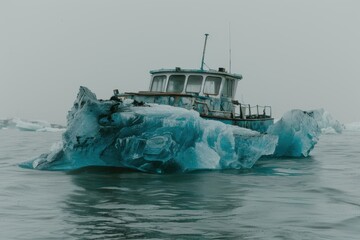 A weathered boat floats among icebergs in a calm, icy sea, showcasing the stark beauty and harsh conditions of the polar environment.