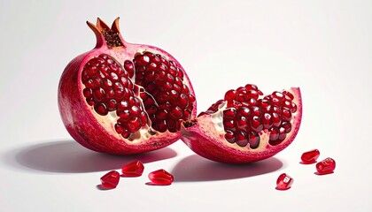 Ripe Red Pomegranate Half and Segment on White Backdrop High Key Still Life