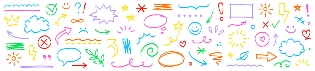 Marker drawn arrow, cloud, star vector element set. Hand drawn marker brush stroke underline, asterisks, highlight frame elements. Sketch style colorful kid brush symbols. Vector illustration