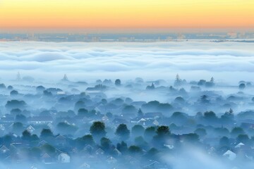 A serene landscape of fog enveloping houses with a beautiful sunrise illuminating the horizon, creating a tranquil and dreamy atmosphere.