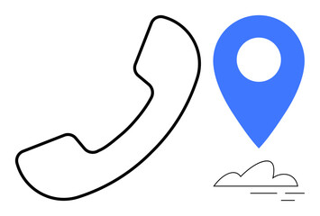 Black phone receiver and blue location pin with small cloud. Ideal for connectivity, navigation, customer service, support, communication, logistics, and travel. Simple flat metaphor