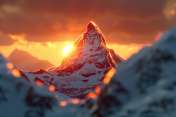 A breathtaking sunset illuminates the peak of a snow-covered mountain, creating a stunning contrast between the warm colors and cool landscape.