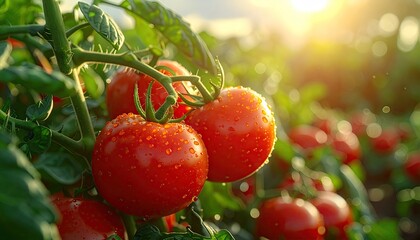 Ripe Red Tomatoes on Vine in Sunlight with Green Leaves and Shallow Depth of Field