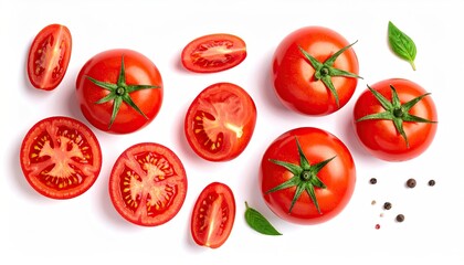 Ripe Red Tomatoes with Green Stems and Fresh Herbs on White Background Flat Lay View