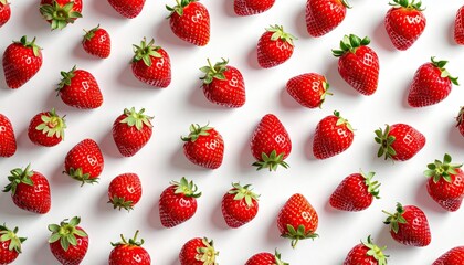 Ripe Strawberries Pattern on White Background with Green Stems and Red Fruit