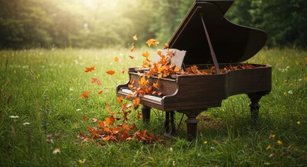 An old grand piano in the middle of a field; when its keys are pressed, it releases cascades of copper-colored leaves instead of notes.