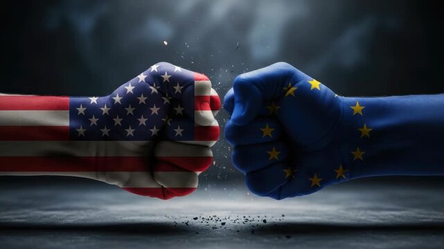 Fists clad in flags one US stars and stripes the other EU blue and gold stars forcefully collide Debris flies from the impact on dark ground symbolizing geopolitical tension