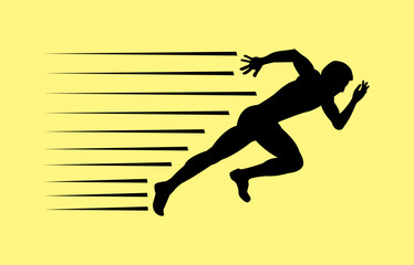 Silhouette vector illustration of a running athlete with speed motion effect on yellow background