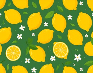 Fresh Lemon Pattern with Flowers and Leaves.