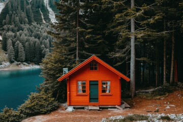 A vibrant orange cabin nestled among tall trees by a serene lake, showcasing a peaceful escape into nature.