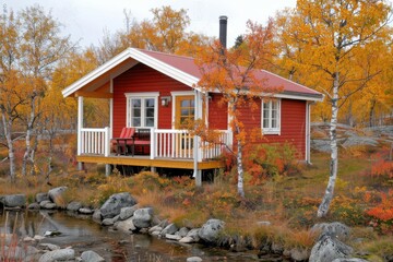 A cozy red cabin surrounded by vibrant autumn foliage and a serene stream, perfect for a peaceful getaway in nature.