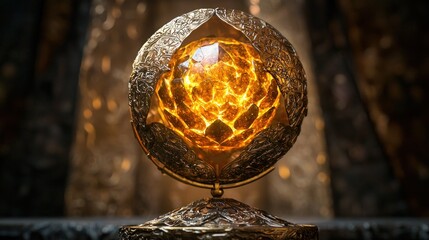 Ornate Golden Orb with Luminous Crystal Core, a Mystical Fantasy Artifact Displayed in a Dark, Luxurious Setting with Warm, Radiant Glow