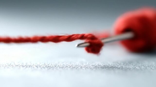 Needle threading macro close up of red thread craft hobby