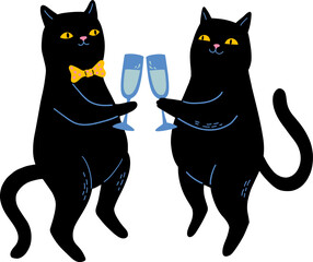 Two black cats toasting with champagne glasses