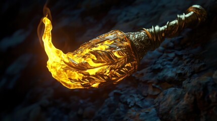 Close-up of a Luminous Golden Artifact with Ornate Details and a Vibrant Fiery Glow