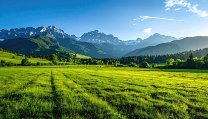 Scenic Meadow with Green Grass and Distant Mountain Range Under a Bright Blue Sky