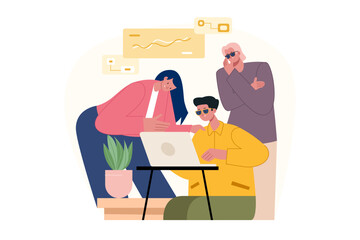 Three people collaborating around a laptop with charts on the wall