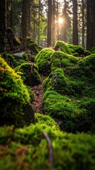Mossy rocks in sunlit forest