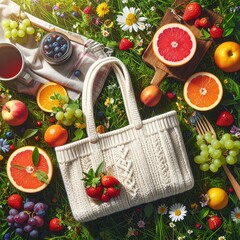 Picnic in green grass with fruits & tote