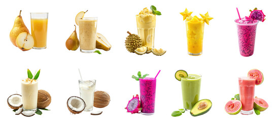 Collection of fresh fruit smoothies and drink tropical Smoothie juice isolate on transparency background