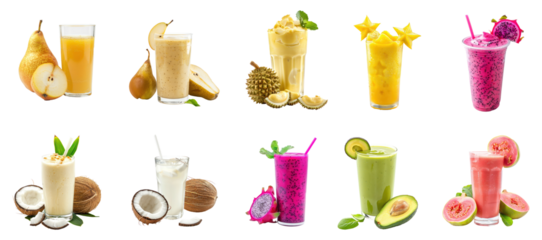Collection of fresh fruit smoothies and drink tropical Smoothie juice isolate on transparency background