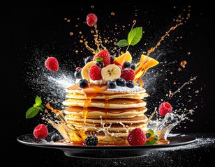 Stack of pancakes with fruit & syrup