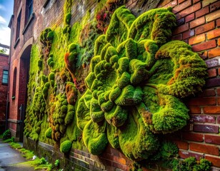 Lush moss grows on brick building