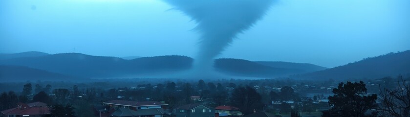 A dramatic tornado spirals down from dark clouds, looming over a quiet town amidst rolling hills and a moody, blue-toned sky.