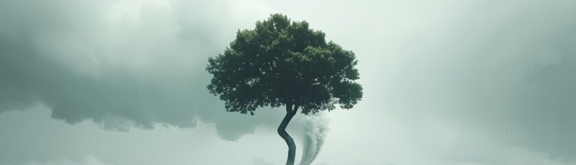 A solitary tree stands against a cloudy backdrop, evoking a sense of isolation and tranquility in a surreal landscape.