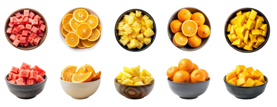 Collection of Cubes of fruit in a bowl top view isolate on transparency background