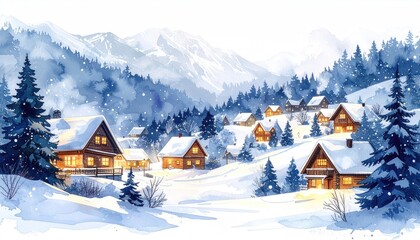 Snowy mountain village with cozy huts