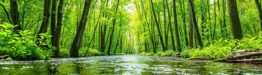 A serene, lush forest scene with a flowing river, showcasing vibrant green trees and tranquil waters under soft sunlight.
