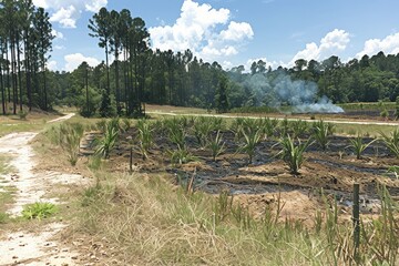 A sunny landscape featuring rows of plants, with trees in the background and smoke rising from a distant area, suggesting agricultural activity.