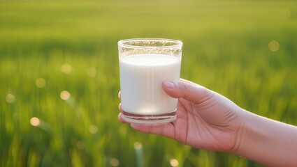 full glass of fresh milk held up against a sunny pasture, symbolizing a healthy diet with natural and organic farm dairy products.