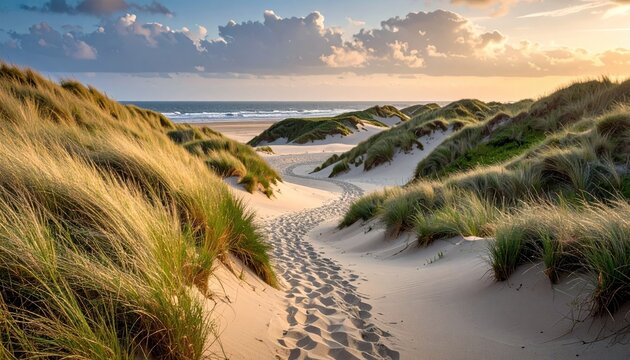 Sandy path through grassy dunes, ocean