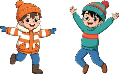 Happy cartoon boys in winter clothes, children wearing warm jacket, beanie hat, gloves, boots, vector illustration, playful kids, holiday season fun